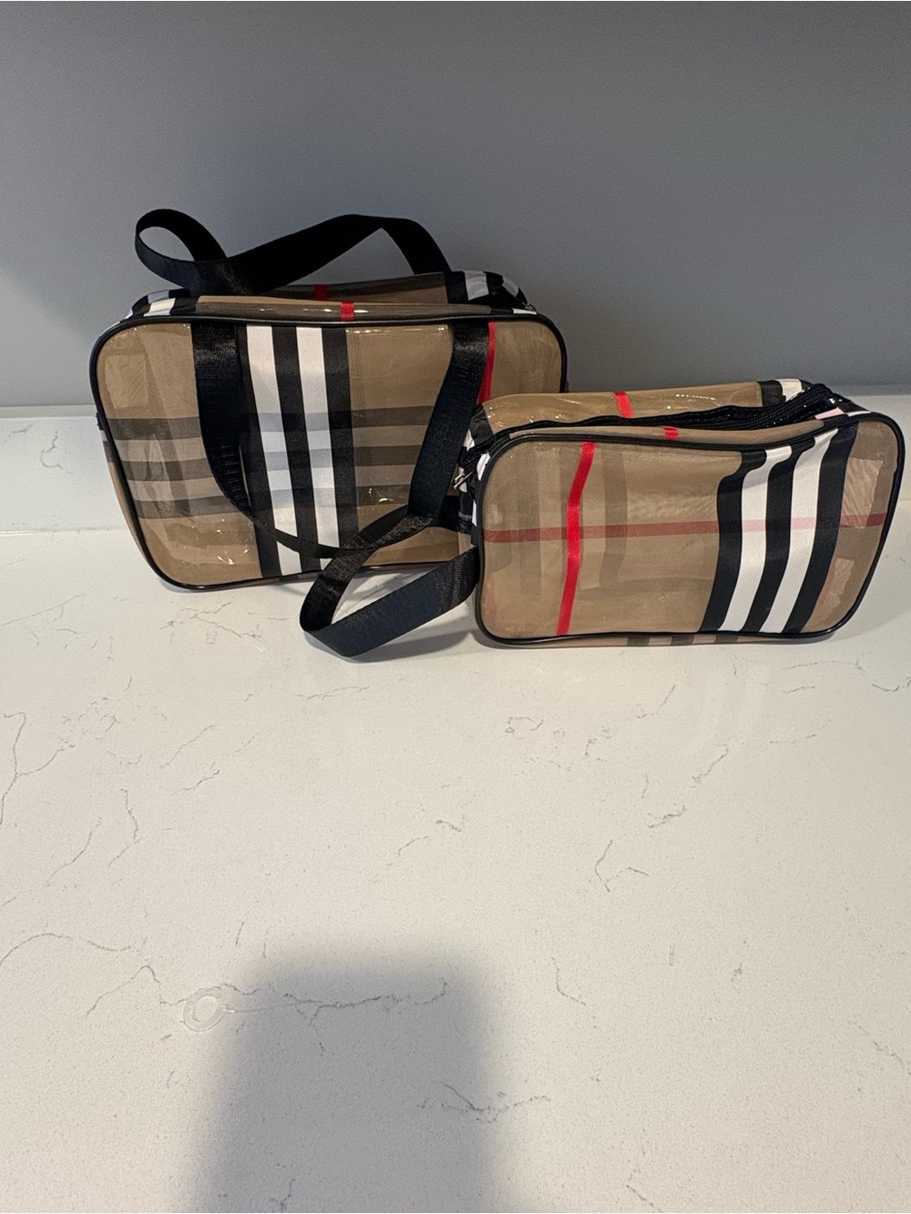 Two piece plaid mesh with plastic lining toiletry bags-